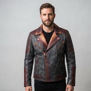 Mens Leather Jacket Python Texture Biker Motorcycle Luxury Exotic Lambskin Asymmetrical Zipper Quilted Designer Outerwear