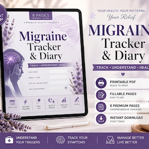 Op de afbeelding: Een digitale tablet toont een migraine-dagboek met lavendelbloemmotieven en een menselijk silhouet dat het hoofd vasthoudt. Het scherm bevat velden voor naam, datum, arts en pictogrammen voor dagelijkse logboeken en medicatie-tracking.