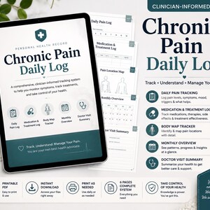 Op de afbeelding: Een digitale tablet met een dagelijks logboek voor chronische pijn, uitgevoerd in wit met donkergroenblauwe accenten. Het scherm toont secties voor pijn, medicatie, lichaamskaarten en doktersbezoeken, met extra geprinte pagina's erachter.
