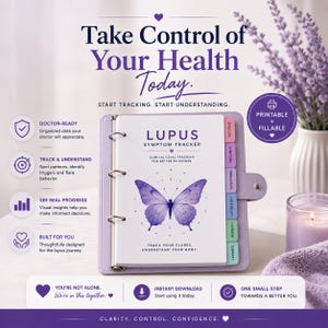 May include: A light purple binder containing a Lupus Symptom Tracker with a butterfly graphic on the cover. The pages feature tabs for daily logs, symptoms, medications, labs, results, overview, and summary. Text includes Take Control of Your Health Today.