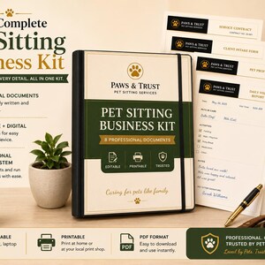 Può includere: Un kit per attività di pet sitting composto da un raccoglitore nero con il testo Paws & Trust Pet Sitting Business Kit, accompagnato da otto moduli stampati tra cui un contratto di servizio, una scheda cliente e una fattura.