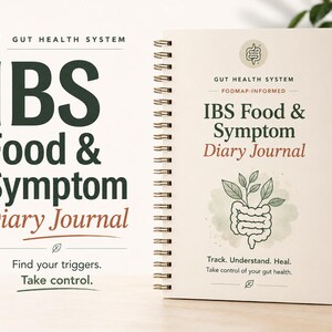 May include: A spiral-bound IBS Food & Symptom Diary Journal with a cream cover. The text reads Gut Health System, FODMAP-Informed, IBS Food & Symptom Diary Journal, Track. Understand. Heal. Take control of your gut health. A line drawing of intestines with leaves is centered on the cover.