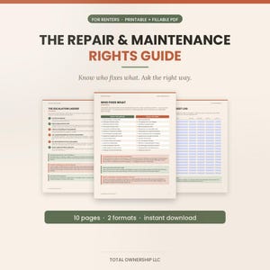 Può includere: Un documento digitale intitolato The Repair & Maintenance Rights Guide per affittuari, in formato PDF stampabile e compilabile. Le pagine includono sezioni sulla scala di escalation, chi ripara cosa e un registro delle richieste.