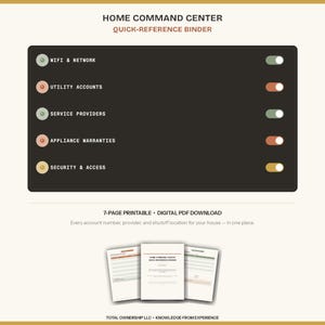 May include: A Home Command Center quick-reference binder digital PDF download. The graphic features a dark rectangle with toggle switches labeled WiFi & Network, Utility Accounts, Service Providers, Appliance Warranties, and Security & Access.