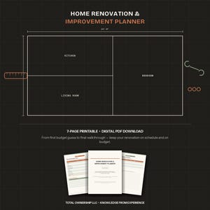 Pode incluir: Um download digital em PDF imprimível de 7 páginas intitulado Home Renovation & Improvement Planner. O gráfico exibe uma planta baixa com etiquetas para Kitchen, Living Room e Bedroom, incluindo uma linha de cota de 24'-0".