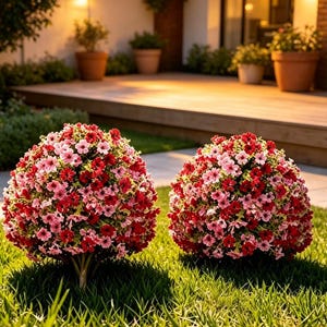 Pode incluir: Duas plantas topiárias esféricas com um denso aglomerado de pequenas flores vermelhas vibrantes e rosa claro. As plantas têm formas arredondadas e estão posicionadas lado a lado numa área relvada, exibindo um arranjo floral uniforme e compacto.