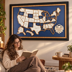 May include: A framed wall map of the United States featuring laser-cut wooden state shapes mounted on a dark blue background. Each state includes a small icon and name. A wooden plaque on the right displays the text LUCAS & AMELIA TRAVEL MAP.