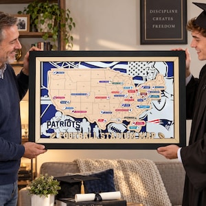May include: A framed wooden map of the United States featuring the New England Patriots logo and text reading Patriots Football Stadium Map. The map includes various stadium locations marked with small football icons on a blue and white background.