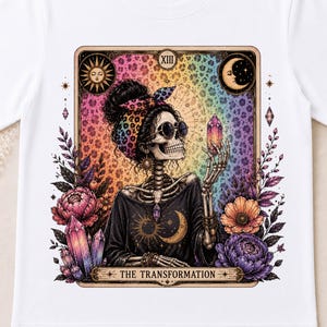 Transformation Tarot Skeleton Shirt PNG, Witchy Tarot Card Sublimation Design, Gothic Crystal Skeleton T-Shirt PNG, Moon Magic Floral