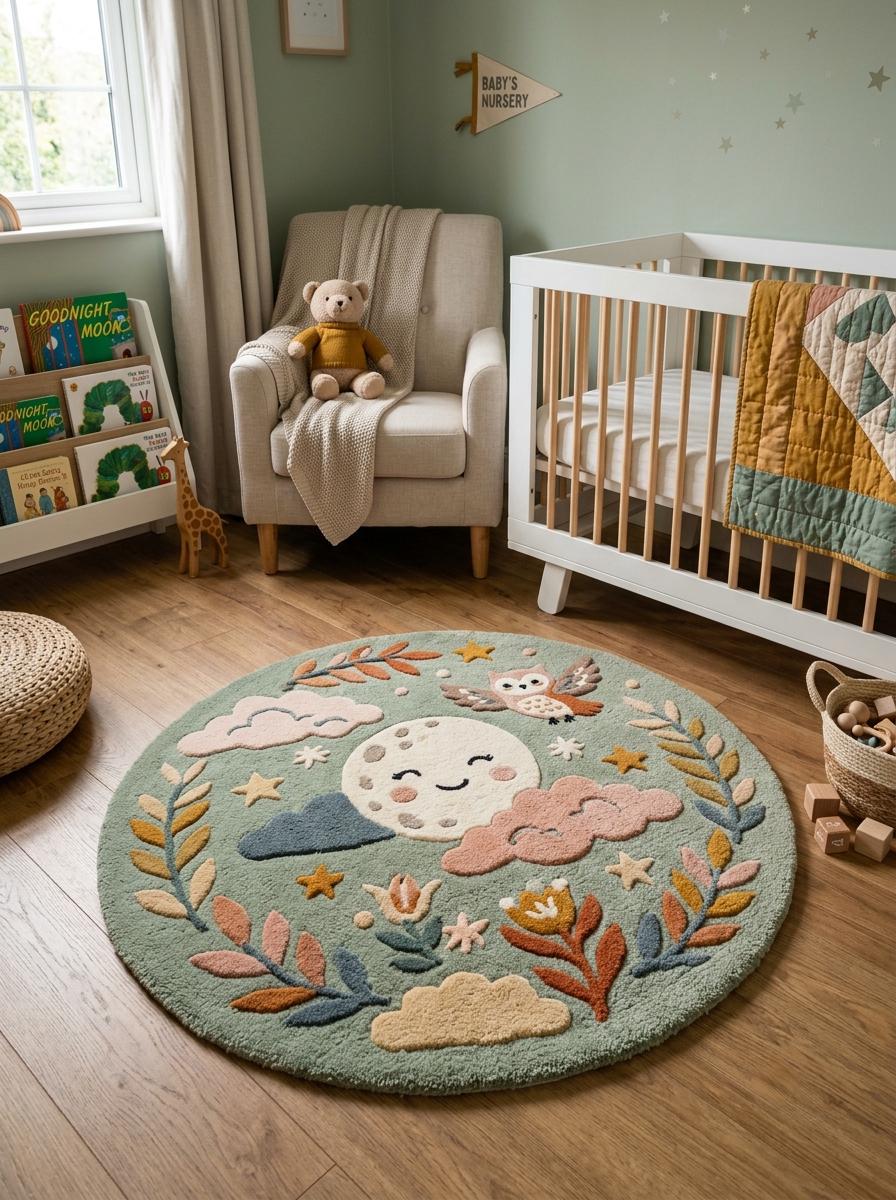 Hand-Tufted Moon & Owl Nursery Rug | Round Wool Kids Room Carpet