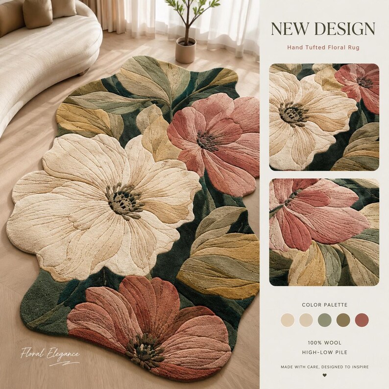 Botanical Wool Rug, Handmade Floral Hand Tufted Area Rug - Etsy Nederland