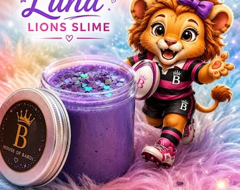 Luna Lion Slime soffice – Slime viola fatto a mano con zuccherini a forma di cuore / Regalo per ragazze che giocano a rugby / House of Bardi