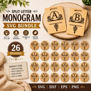 Puede incluir: Un paquete de diseño digital con 26 monogramas de letras divididas con adornos. El conjunto incluye formatos de archivo SVG, DXF, EPS y PNG para corte láser y proyectos de manualidades, mostrado con ejemplos en tablas de madera con A y B.