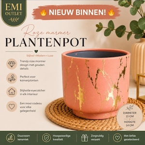Op de afbeelding: Een cilindervormige roze plantenpot met een goudkleurig marmerachtig aderpatroon. De pot heeft een donkere binnenkant en een verhoogde voet. De tekst op de afbeelding bevat EMI OUTLET, NIEUW BINNEN, Roze marmer PLANTENPOT, 15 cm diameter en 14 cm hoogte.