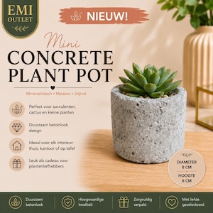 May include: A cylindrical grey concrete plant pot with a porous, textured surface containing a green succulent. The image includes text stating "Mini CONCRETE PLANT POT" and a circular label indicating a diameter of 8 cm and a height of 8 cm.