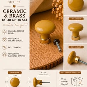 Set of 4 Yellow Ceramic Cabinet Knobs, Vintage Brass Base Drawer Pulls, Mustard Yellow Wardrobe Handles, Decorative Furniture Hardware