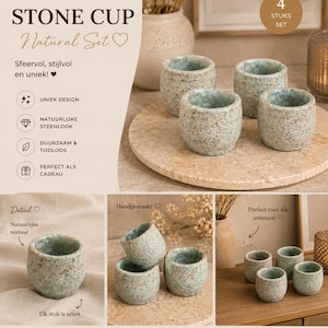 Stone Cup Natural Set - 4 Pieces - Handmade Decorative Pots with Natural Stone Look - Mini Flowerpot, Candle Holder and Decorative Shelf