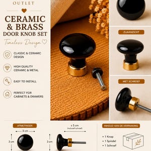 Black Ceramic Cabinet Knobs Set of 4 – Gold Base Drawer Pulls – Vintage Furniture Handles – Kitchen Cabinet Knobs – Dresser Knob Set