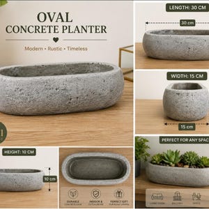 Op de afbeelding: Een ovale betonnen plantenbak met een getextureerde grijze afwerking. De plantenbak meet 30 cm in lengte, 15 cm in breedte en 10 cm in hoogte. De tekst OVAL CONCRETE PLANTER is zichtbaar, samen met labels voor afmetingen en gebruiksmogelijkheden.
