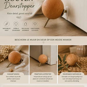 Pode incluir: Um batente de porta esférico de madeira com um parafuso de metal e uma bucha de parede de plástico branco. O produto é apresentado num layout promocional com o texto NIEUW BINNEN, HOUTEN Deurstopper e Klein detail, groot verschil.