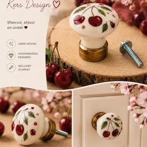 Ensemble de 4 boutons de meuble en céramique, poignées de tiroir motif cerise, poignées de commode artisanales en porcelaine à motif de fruits, boutons de meubles de cuisine, cerise