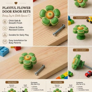 Set di 2 pomelli per mobili a forma di fiore verde, maniglie per cassetti in plastica a forma di margherita, maniglie carine per cassettiere da cameretta, accessori giocosi per mobili da cameretta per bambini