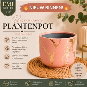 Op de afbeelding: Een cilindervormige roze plantenpot met een goudkleurig marmerpatroon aan de buitenkant en een donkergrijze binnenkant. De pot heeft een diameter van 15 cm en een hoogte van 11 cm. Tekst op de afbeelding: EMI OUTLET, NIEUW BINNEN, Roze marmer PLANTENPOT.