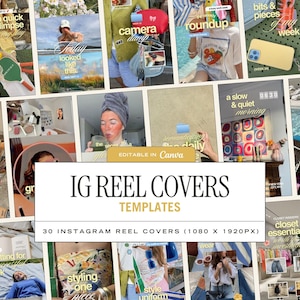 Puede incluir: Una colección de treinta plantillas de portadas para Instagram Reels que presentan diversas imágenes de estilo de vida, incluyendo escenas al aire libre, tomas de interiores y fotografía de moda, superpuestas con texto estilizado y elementos gráficos.