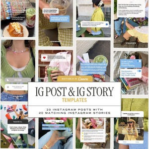 May include: A collection of digital social media templates featuring twenty Instagram post and twenty matching story layouts. The central text reads IG POST & IG STORY TEMPLATES, 20 INSTAGRAM POSTS WITH 20 MATCHING INSTAGRAM STORIES.