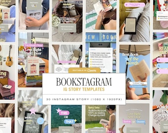 May include: A collection of thirty Instagram story templates for book enthusiasts, featuring various layouts with text overlays like Bookstagram, Bookish Bingo, and This or That, designed for a 1080 by 1920 pixel display format.