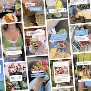 May include: A collage of social media posts featuring lifestyle imagery including a green cardigan, a matcha drink, a croissant, pink tulips, a rock climbing wall, and various text overlays with motivational quotes and digital interface elements.