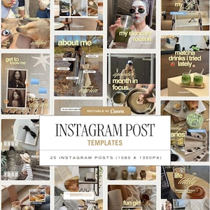 Könnte beinhalten: Eine Sammlung von fünfundzwanzig Instagram-Beitragsvorlagen mit verschiedenen Lifestyle-Bildern, darunter Essen, Getränke, Hautpflege und Reiseszenen, mit Textüberlagerungen wie "about me", "my skincare routine" und "INSTAGRAM POST TEMPLATES."