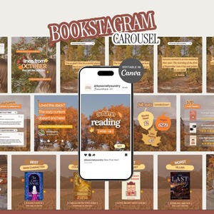 May include: A digital social media carousel template for book enthusiasts featuring autumn-themed graphics, text overlays, and a central smartphone display. The design includes editable layouts for book reviews, reading stats, and awards.