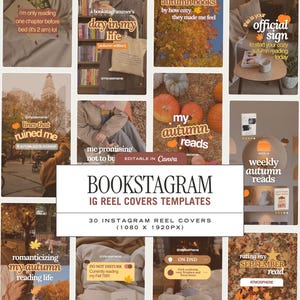 May include: A collection of thirty digital Instagram Reel cover templates featuring autumn-themed imagery, including pumpkins, fall foliage, and cozy reading scenes with text overlays like Bookstagram IG Reel Covers Templates 1080 x 1920px.