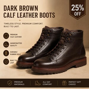 Men's Dark Brown Calf Leather Lace-Up Ankle Boots | Handmade Hiker Combat Boots | Rugged Footwear