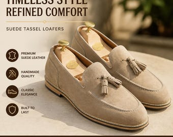 Mocassins à pampilles en daim beige pour homme, faits main | Chaussures habillées classiques à bout mocassin | Chaussures en cuir à enfiler