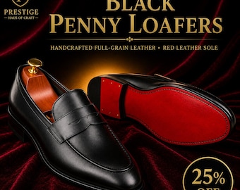 Christian Louboutin Style Men’s Black Calf Leather Penny Loafers – Handmade Luxury Dress Shoes