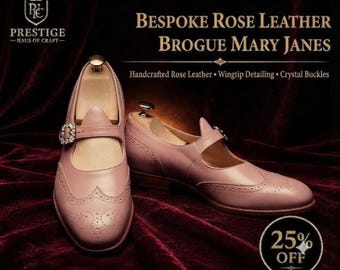 Handmadeshoes Rose Leather Mary Janes | Crystal Buckles, Wingtip Broguing