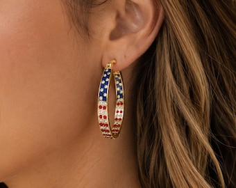 Patriotic Rhinestone Hoop Earrings, Red White Blue Crystal Hoops, 4th of July Earrings, USA Flag Inspired Jewelry, Gold or Silver Tone Gift