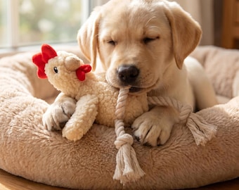 Plush Chicken Dog Toy with Rope Legs, Interactive Squeaky Puppy Chew Toy, Durable Tug of War Toy for Small and Medium Dogs