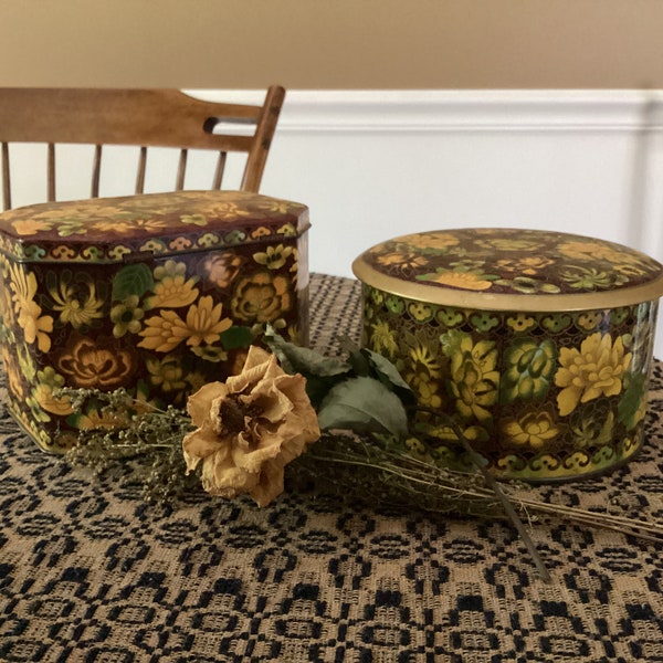 Pair of Vintage Daher Candy Biscuit Tins 1940 1950 1960 mid-century farmhouse cottage pantry brown gold floral canisters nostalgic bakery