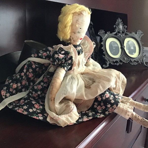 Edith Flack Ackley primitive handmade vintage antique cloth shelf doll pinafore pantaloons 1930s-40s collectible
