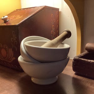 Antique Vintage Mortar Pestle Collection primitive rustic stoneware pharmacy apothecary herbs farmhouse larder buttery pantry 1800s to 1920s