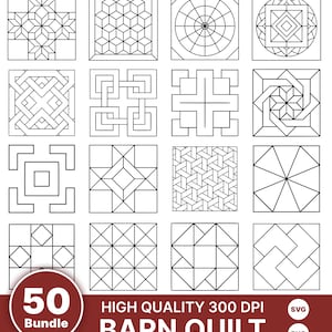 Könnte beinhalten: Eine Sammlung von sechzehn quadratischen schwarz-weißen Strichzeichnungen mit geometrischen Quiltblock-Mustern. Der untere Bereich enthält ein rotes kreisförmiges Abzeichen mit dem Text 50 Bundle und weißem Text mit der Aufschrift High Quality 300 DPI Barn Quilt SVG PNG.