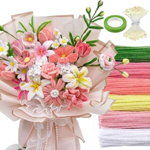 May include: A DIY craft kit featuring a bouquet of handmade pipe cleaner flowers in shades of pink, white, and yellow, wrapped in light pink paper. The set includes a roll of green floral tape, a bundle of white stamens, and assorted pipe cleaners.