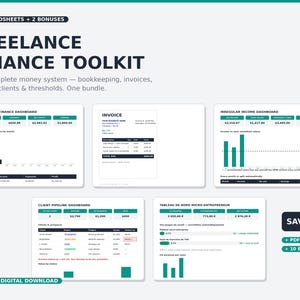 May include: A digital freelance finance toolkit bundle featuring five spreadsheets and two bonuses. The layout includes a freelance finance dashboard, invoice template, irregular income dashboard, client pipeline dashboard, and a micro-entrepreneur dashboard.