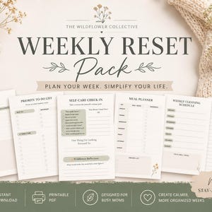 Op de afbeelding: Een set van zes printbare plannerpagina's genaamd Weekly Reset Pack, inclusief secties voor een takenlijst, zelfzorg, maaltijdplanning, een wekelijks schoonmaakschema en notities, voorzien van saliegroene accenten en bloemmotieven.