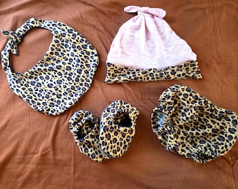 Leopard Print Baby Clothing Set – 4 Piece Gift, Hat, Booties, Bib, Diaper Cover