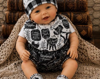 Farmhouse-Country-Ranch-Rustic Print Baby Clothing Set – 4 Piece Gift, Hat, Booties, Bib, Diaper Cover