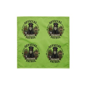 May include: A bright lime green fabric square featuring a repeating pattern of four circular graphics. Each graphic displays a black Labrador dog wearing a bandana, surrounded by garden vegetables and the text OFFICIAL VEG PATCH PATROL.